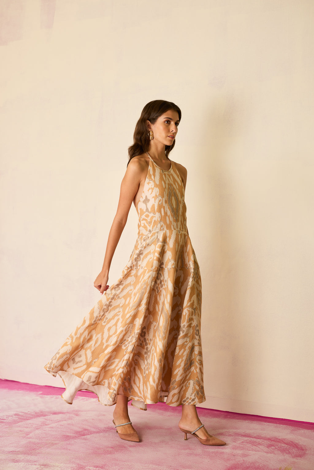 Sand Ikat Halter Neck Maxi Dress