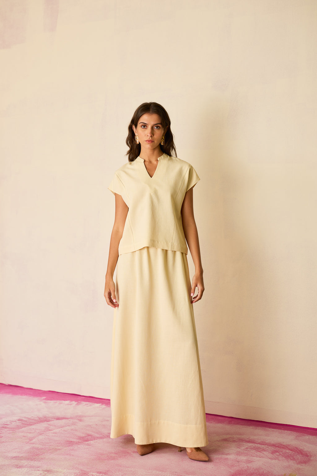 Ivory Solid Linen Top and Skirt Set