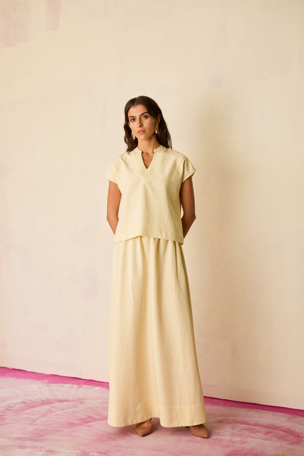 Ivory Solid Linen Top and Skirt Set