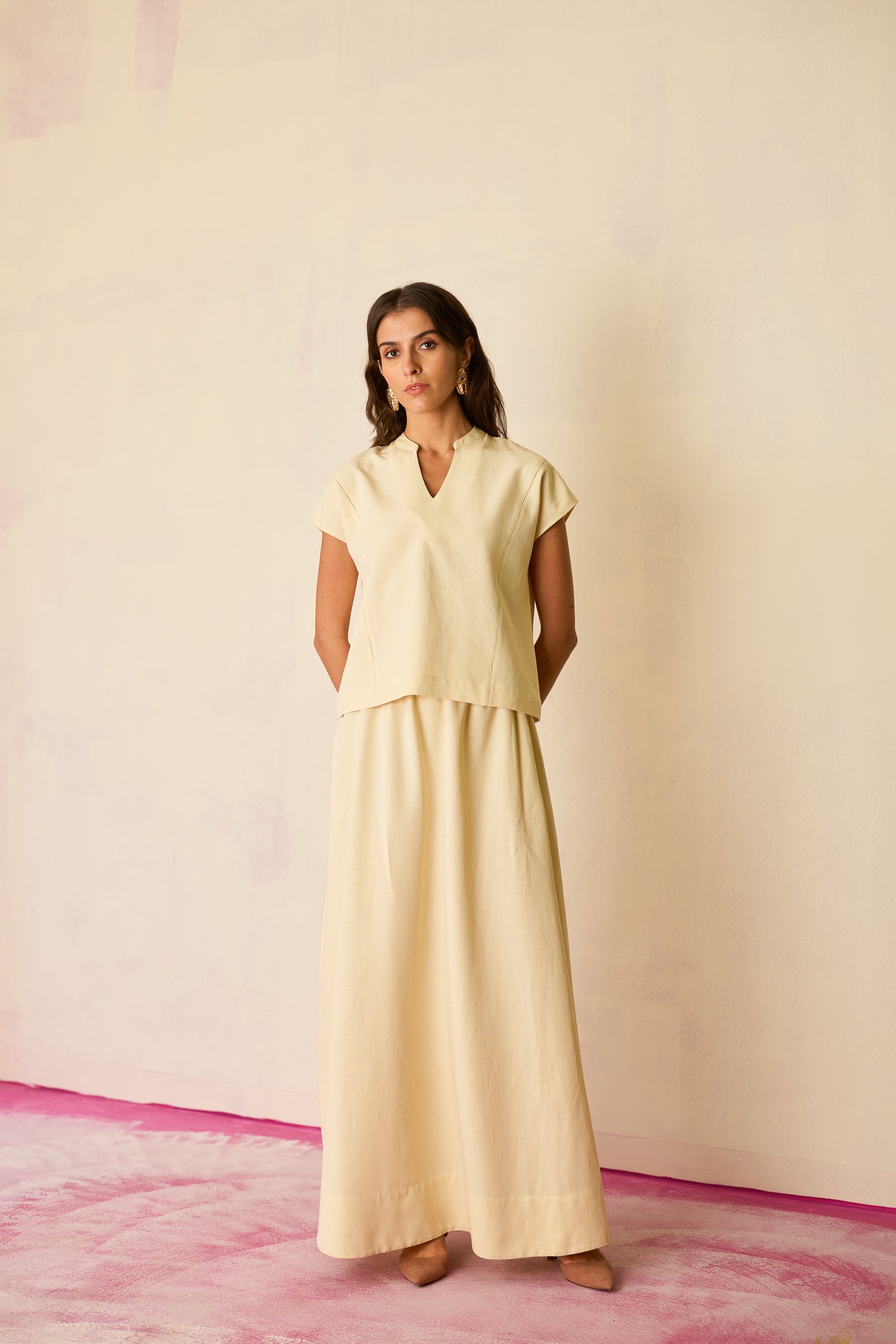 Ivory Solid Linen Top and Skirt Set