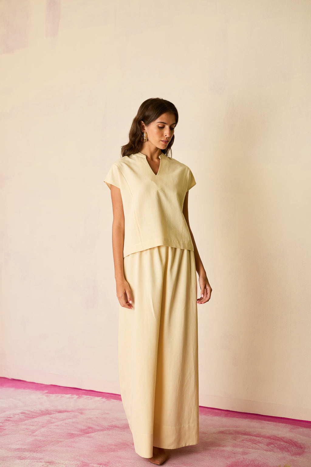 Ivory Solid Linen Top and Skirt Set