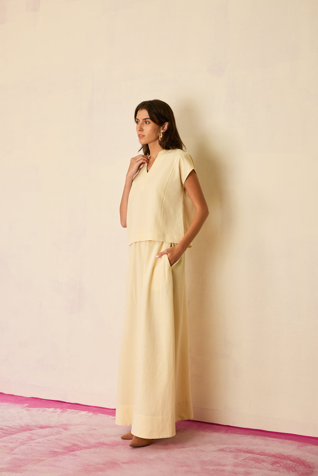 Ivory Solid Linen Top and Skirt Set