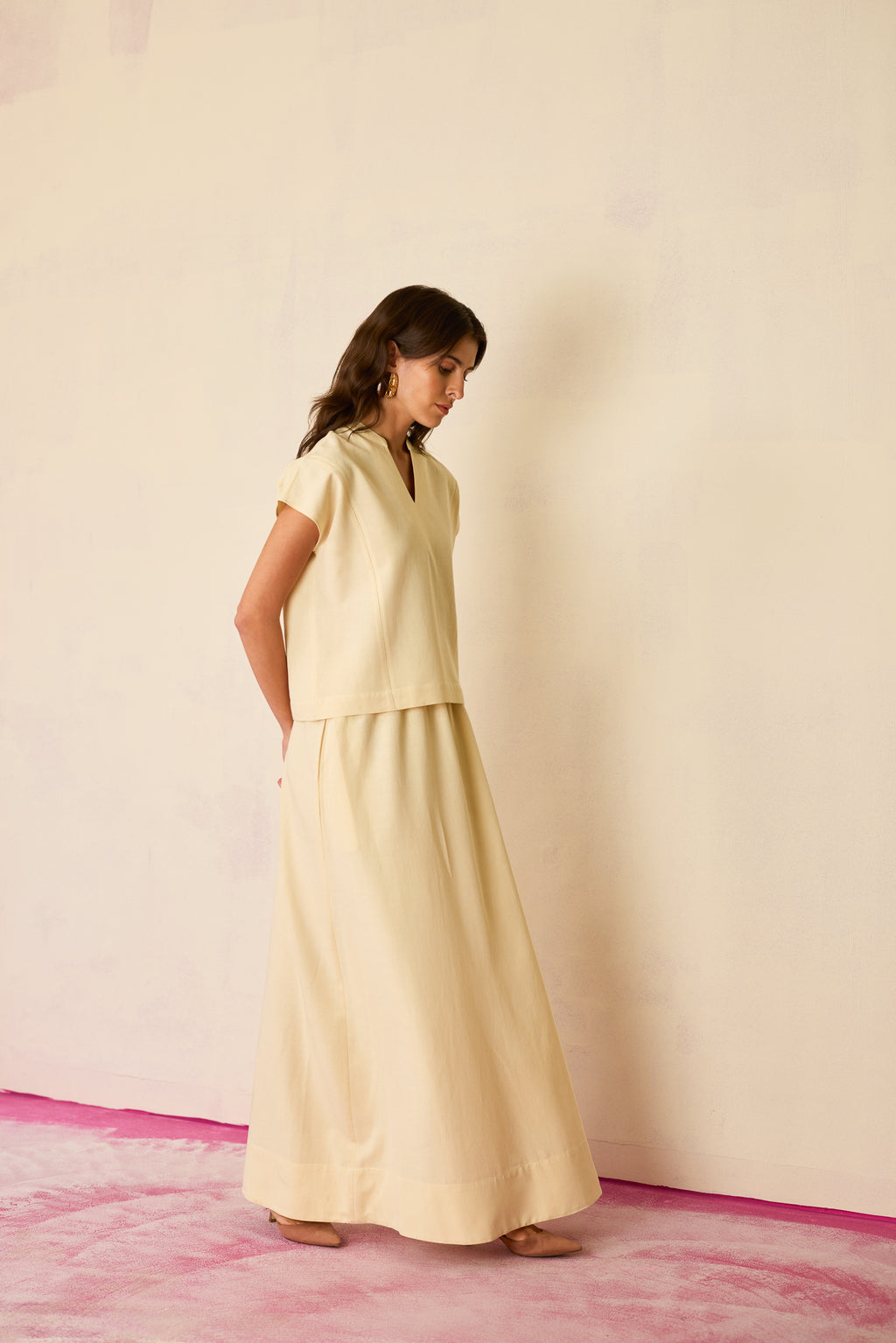 Ivory Solid Linen Top and Skirt Set