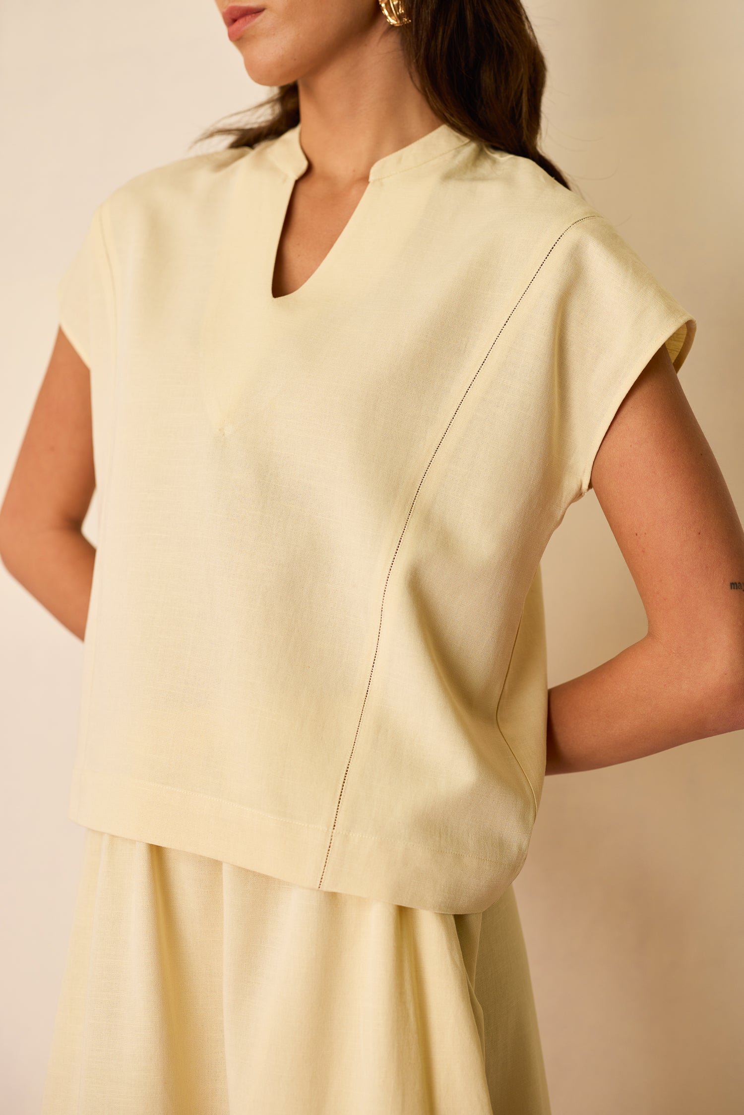 Ivory Solid Linen Top and Skirt Set