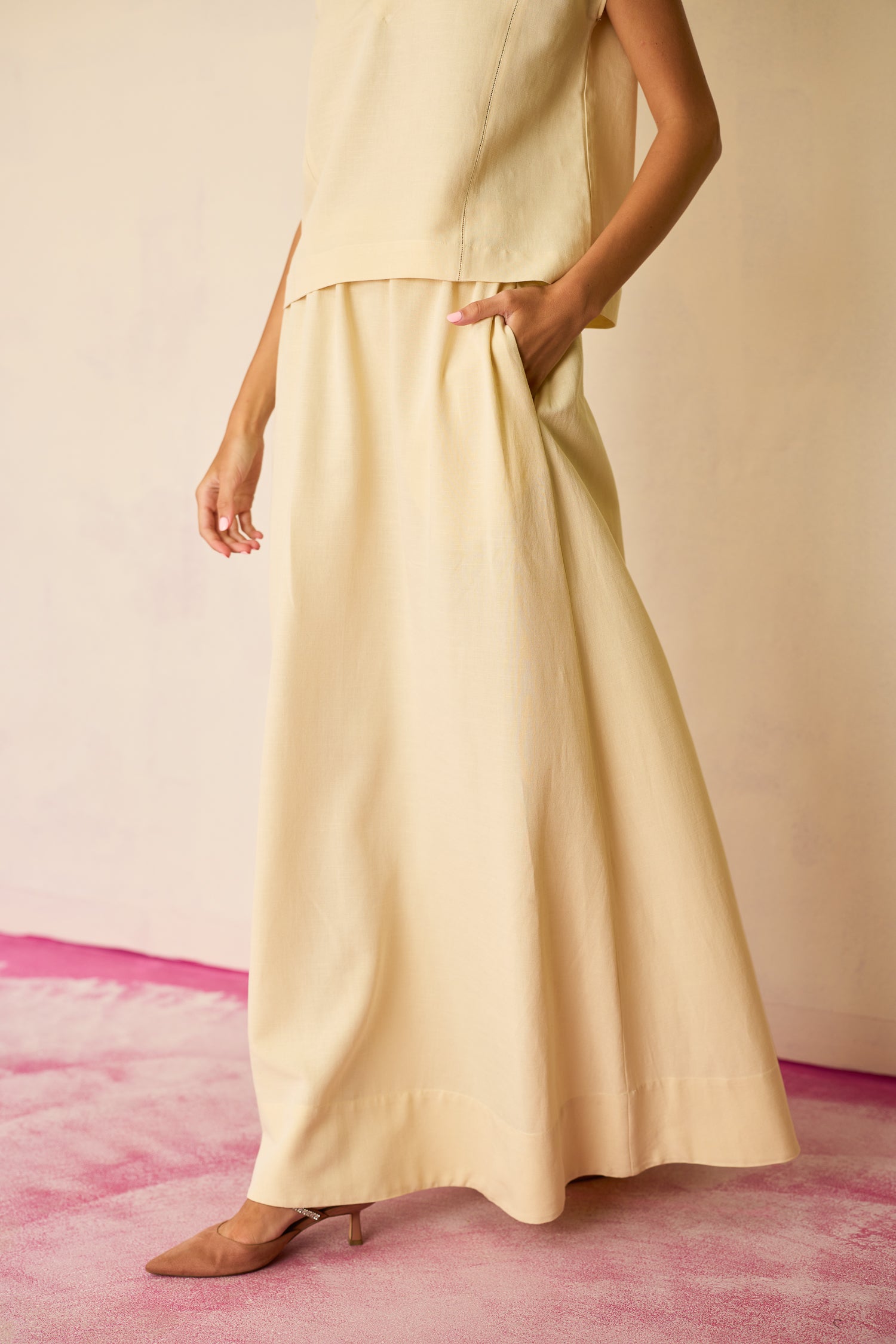 Ivory Solid Linen Top and Skirt Set