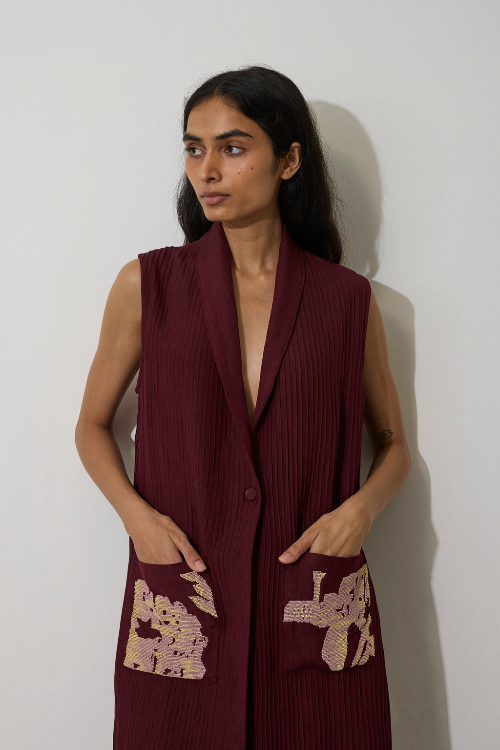 Pintuck Linen Sleeveless Duster