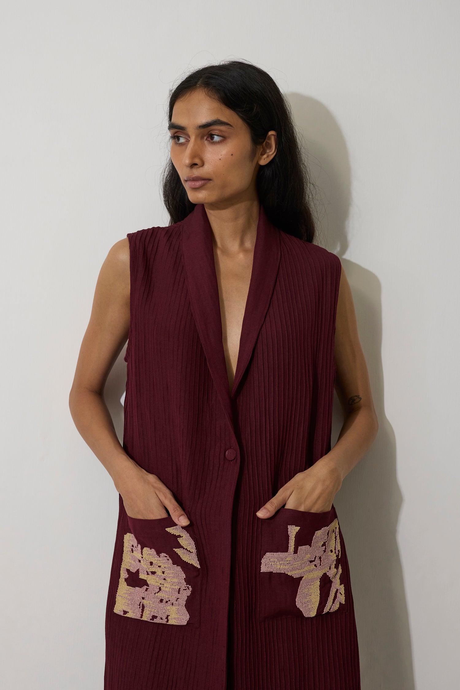 Pintuck Linen Sleeveless Duster