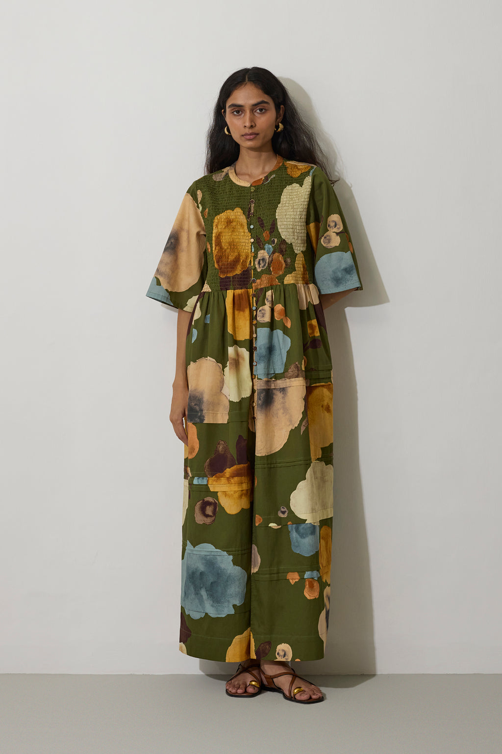 Poppies Smocked Tiered Maxi Dress - Olive
