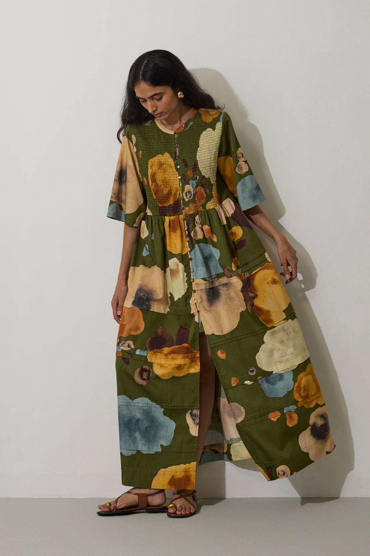 Poppies Smocked Tiered Maxi Dress - Olive