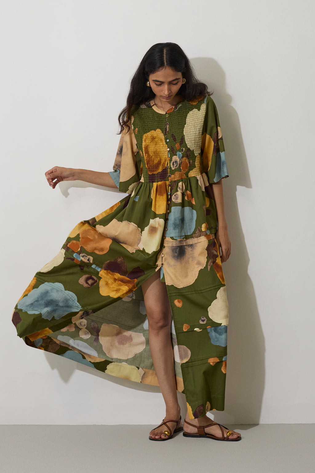 Poppies Smocked Tiered Maxi Dress - Olive