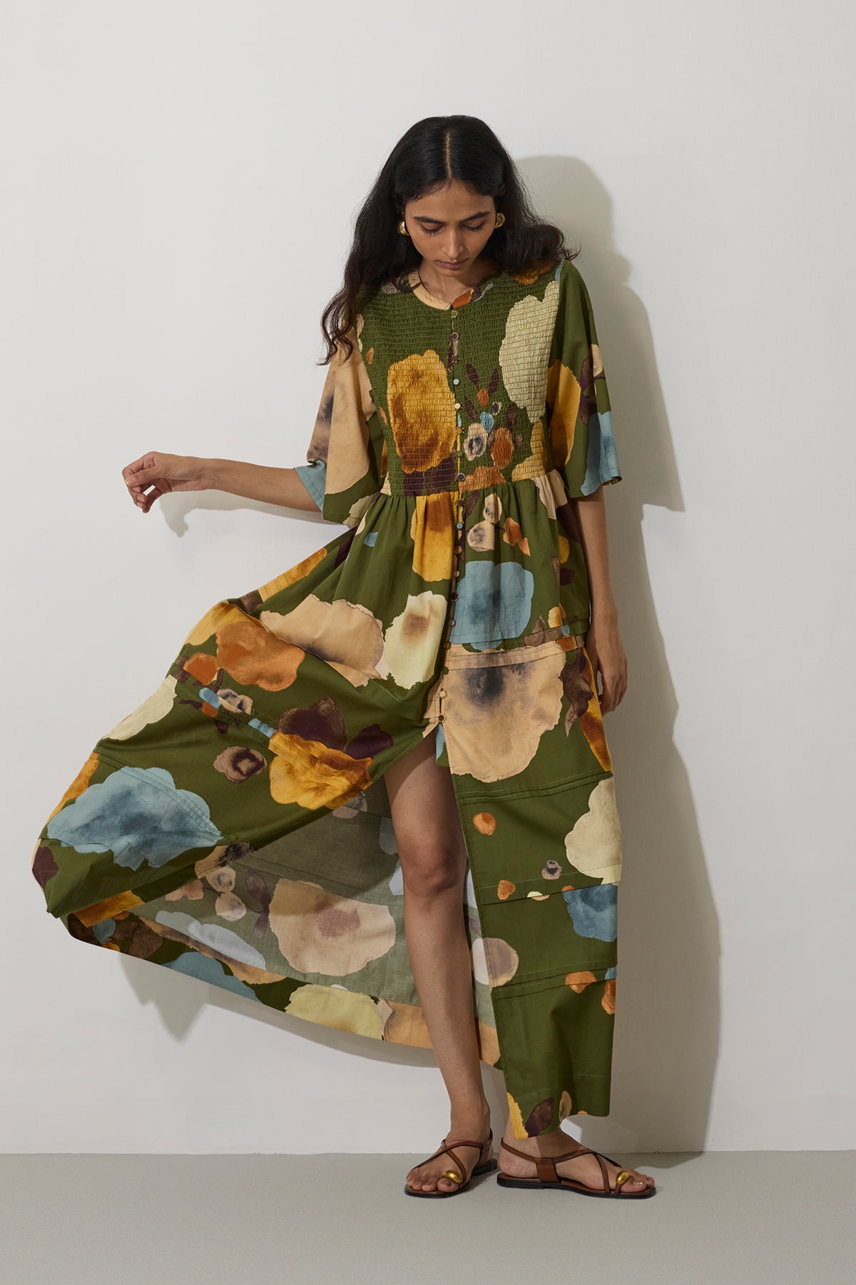 Poppies Smocked Tiered Maxi Dress - Olive