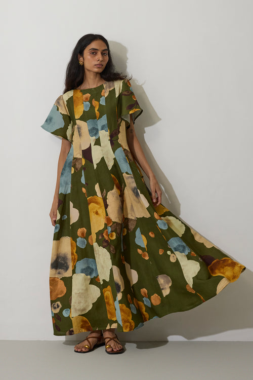 Poppies Panelled Drift Dress - Olive