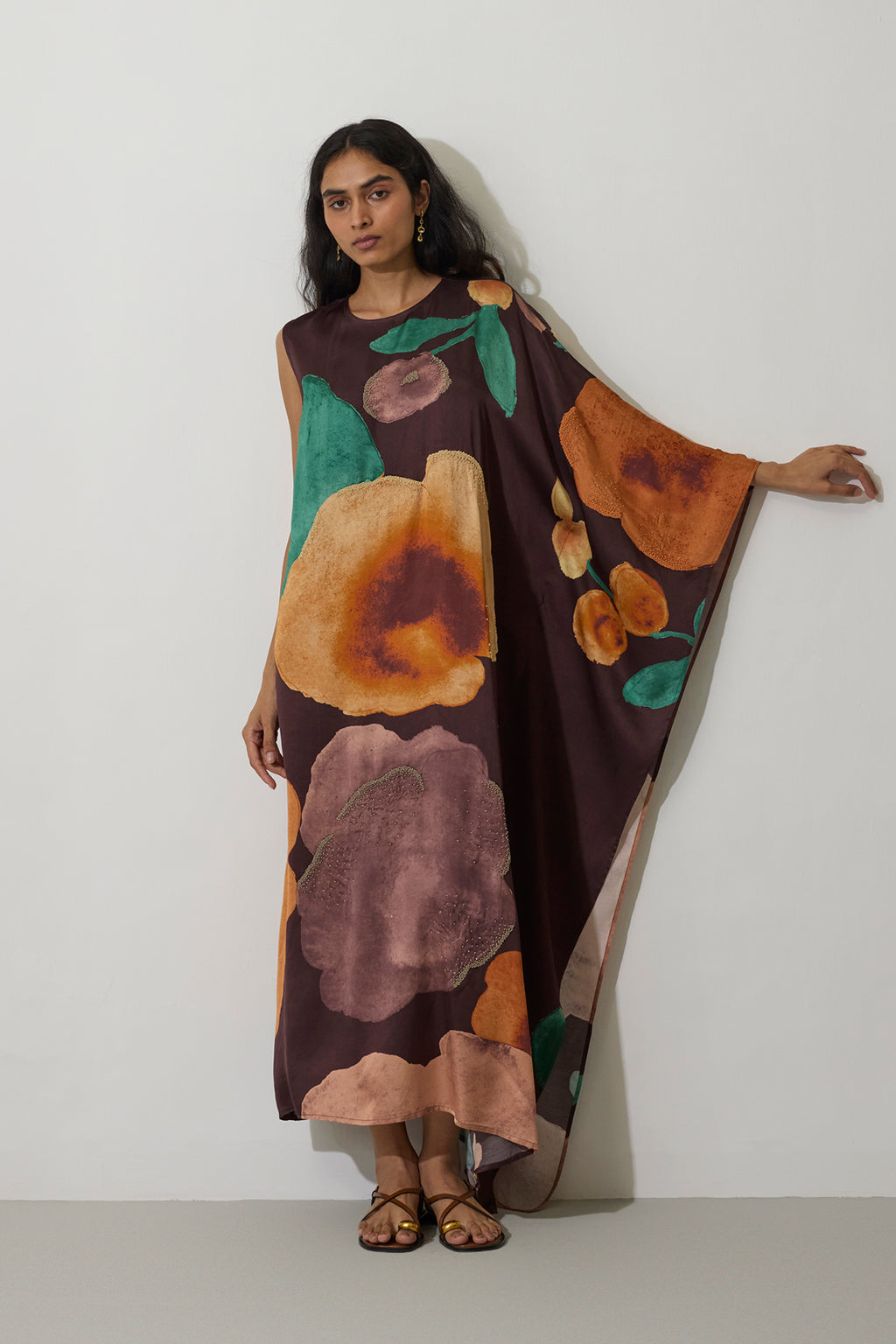 One-Shoulder Poppies Kaftan - Cocoa