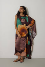 One-Shoulder Poppies Kaftan - Cocoa