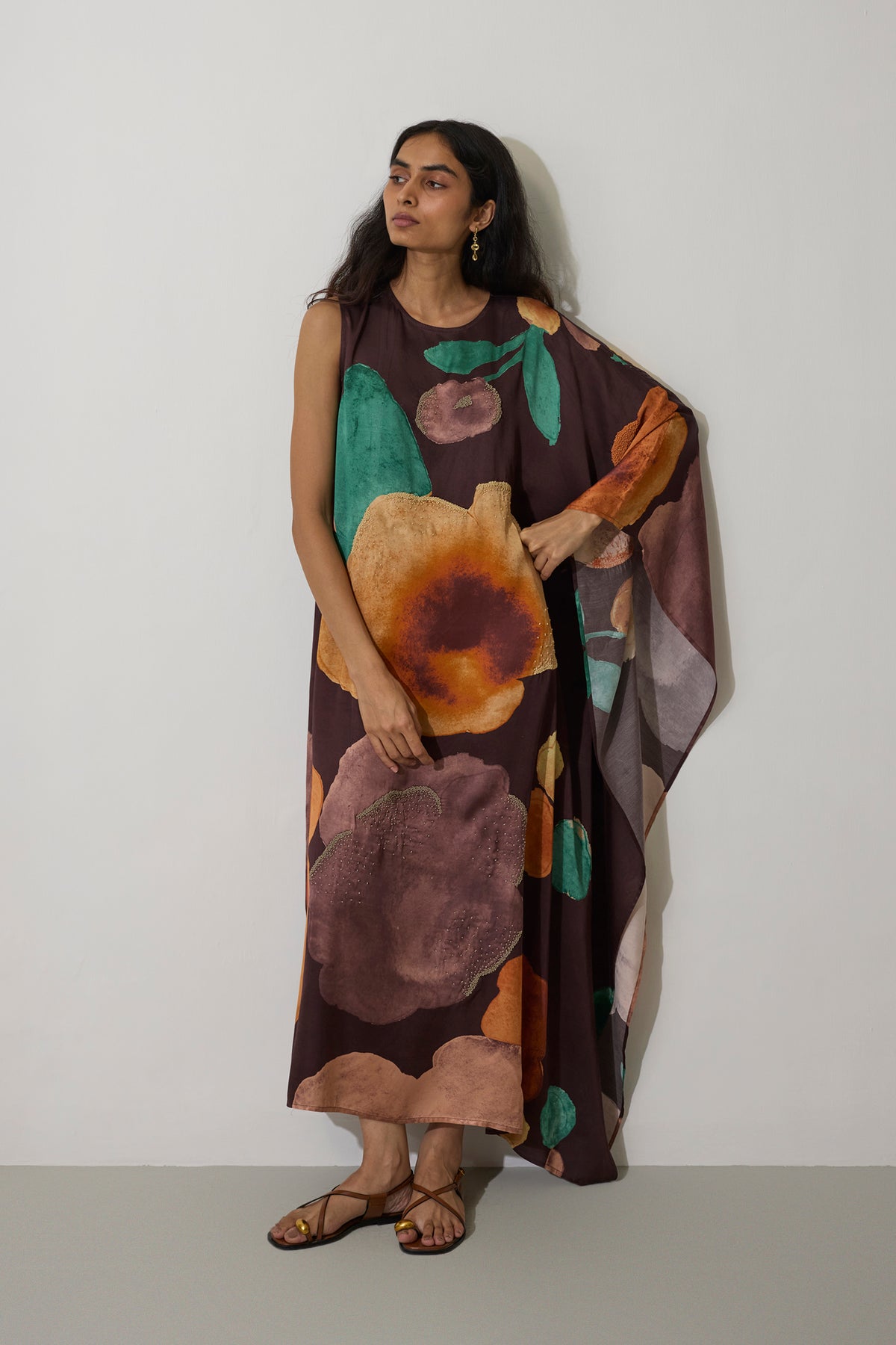 One-Shoulder Poppies Kaftan - Cocoa
