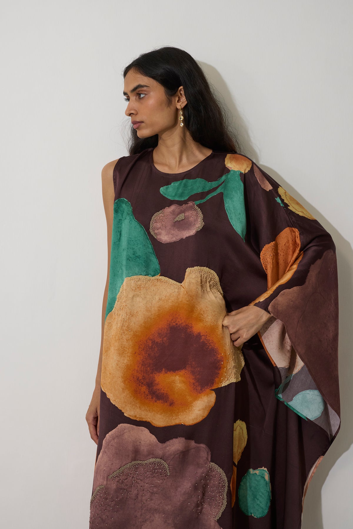 One-Shoulder Poppies Kaftan - Cocoa