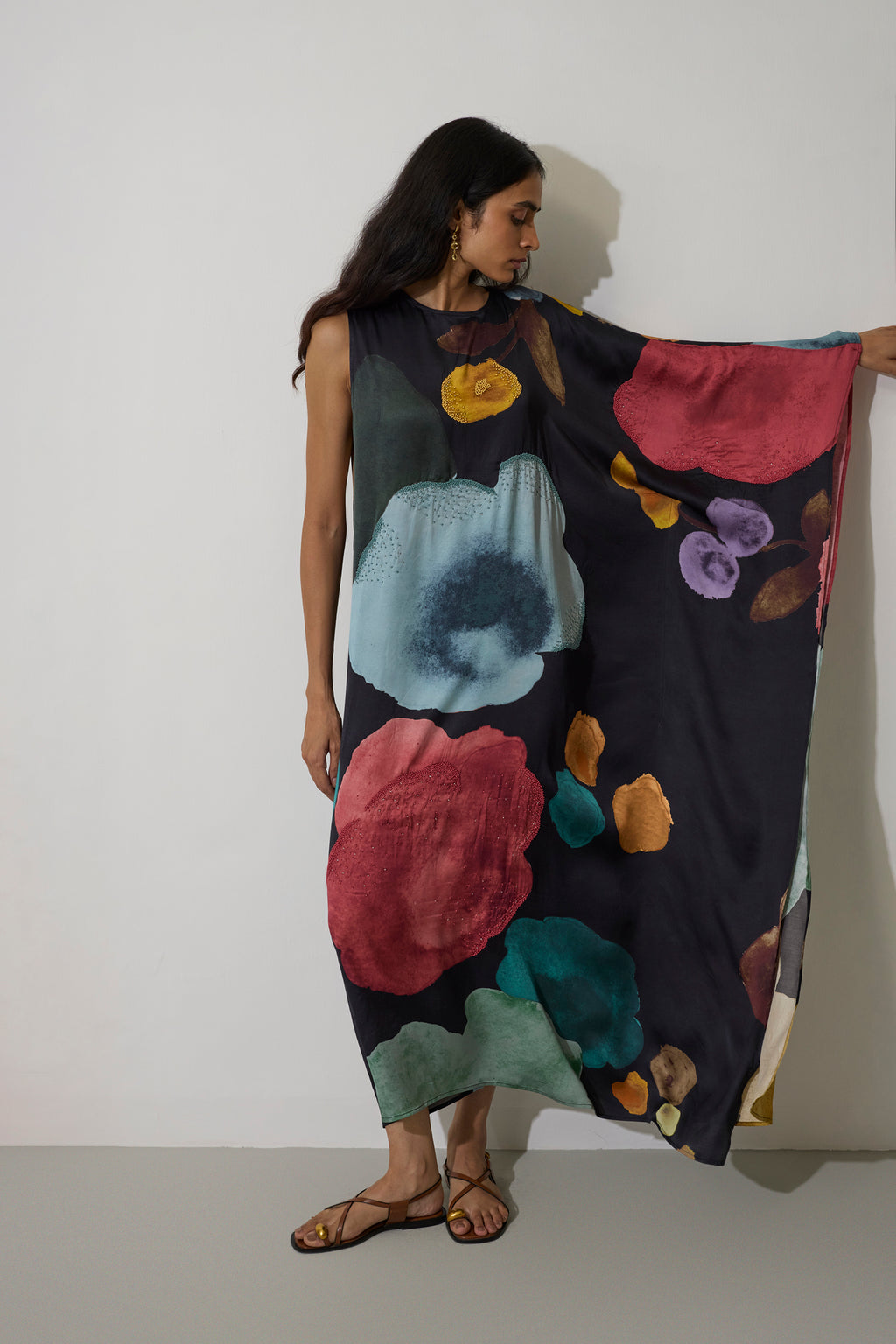 One-Shoulder Poppies Kaftan - Night