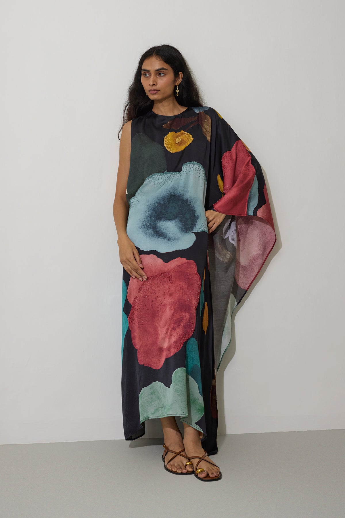 One-Shoulder Poppies Kaftan - Night