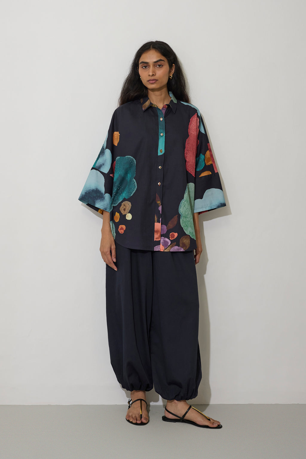 Poppies Oversized Embroidered Shirt - Night