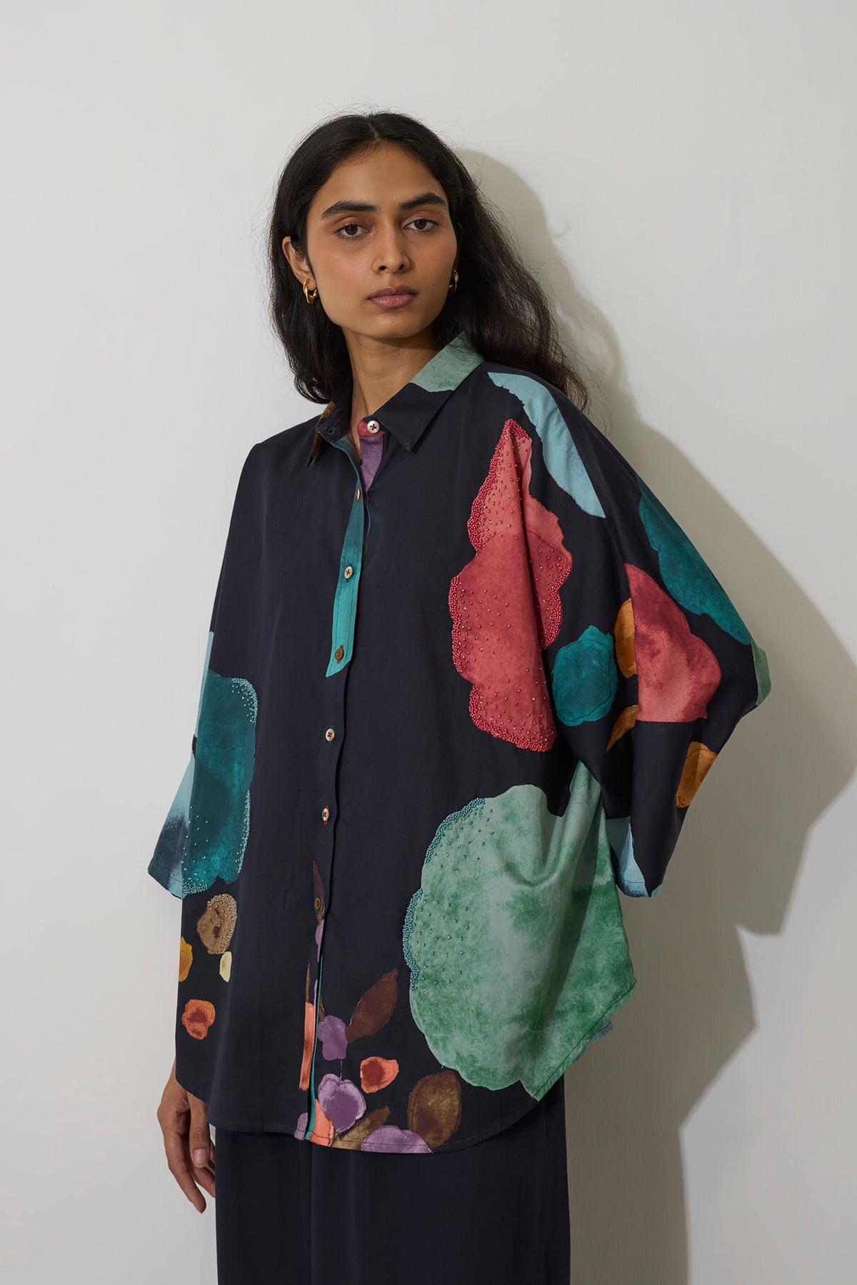 Poppies Oversized Embroidered Shirt - Night