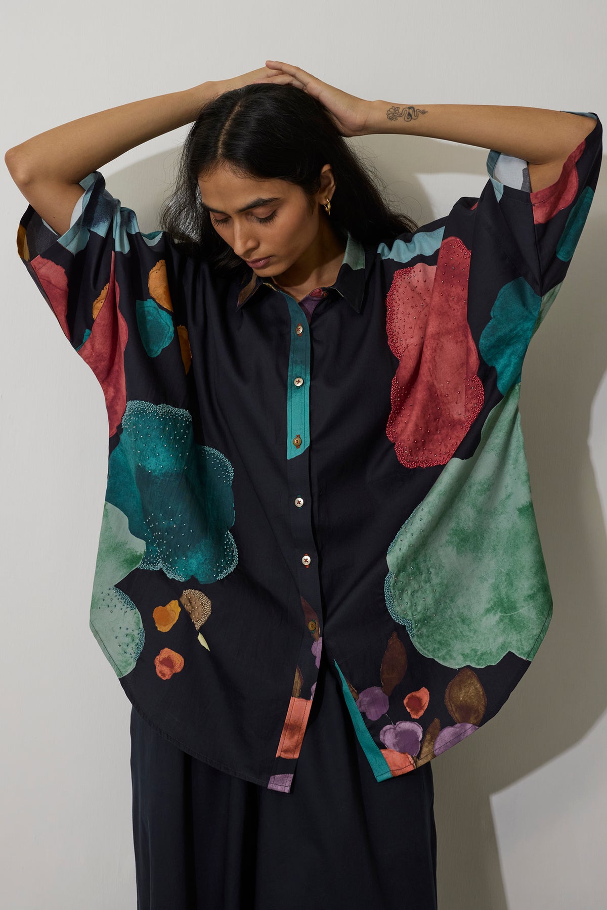 Poppies Oversized Embroidered Shirt - Night