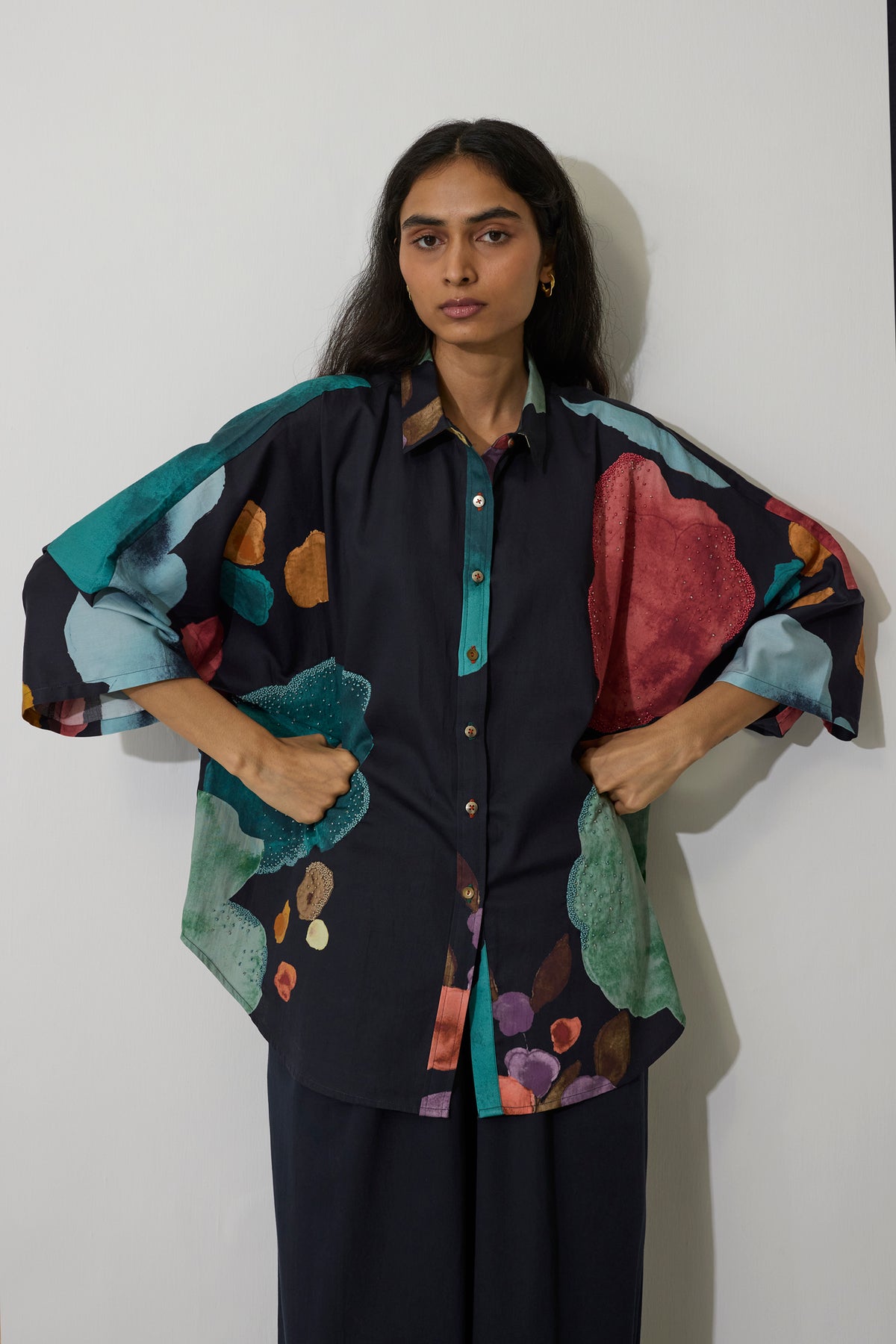 Poppies Oversized Embroidered Shirt - Night