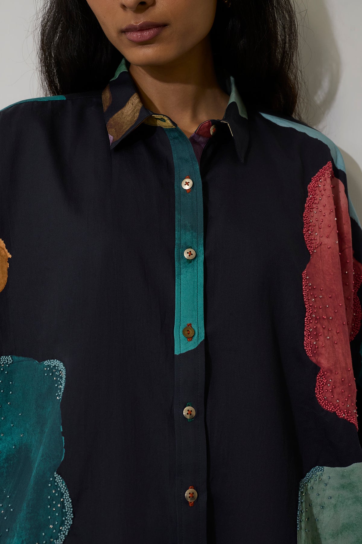 Poppies Oversized Embroidered Shirt - Night