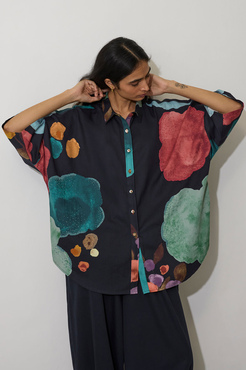 Poppies Oversized Embroidered Shirt - Night