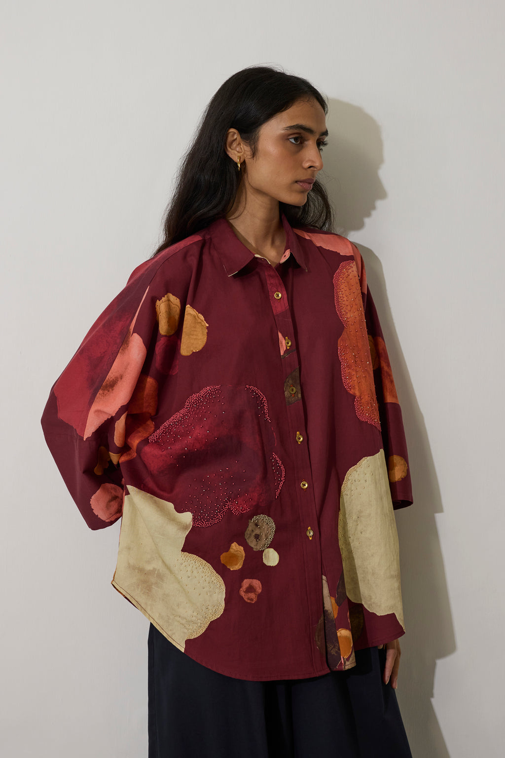 Poppies Oversized Embroidered Shirt - Mulberry