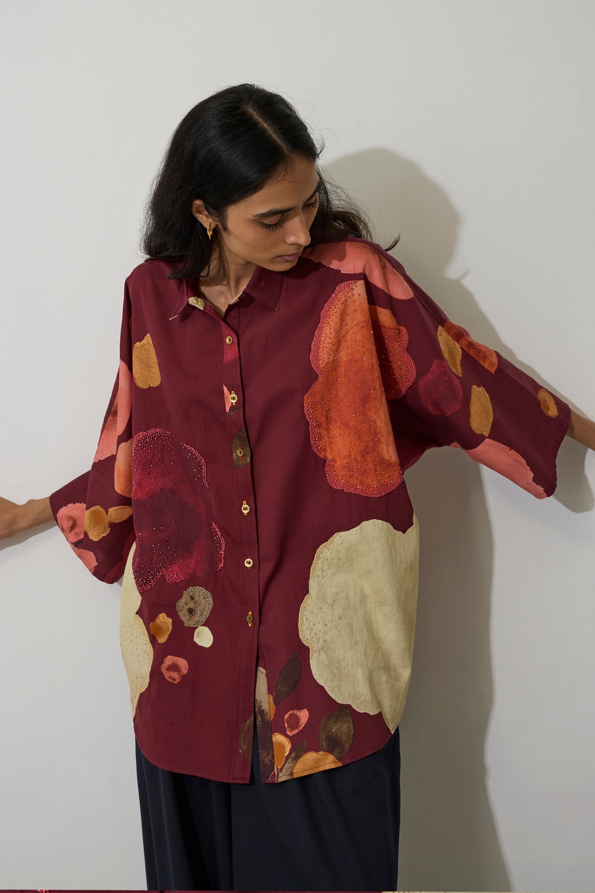 Poppies Oversized Embroidered Shirt - Mulberry