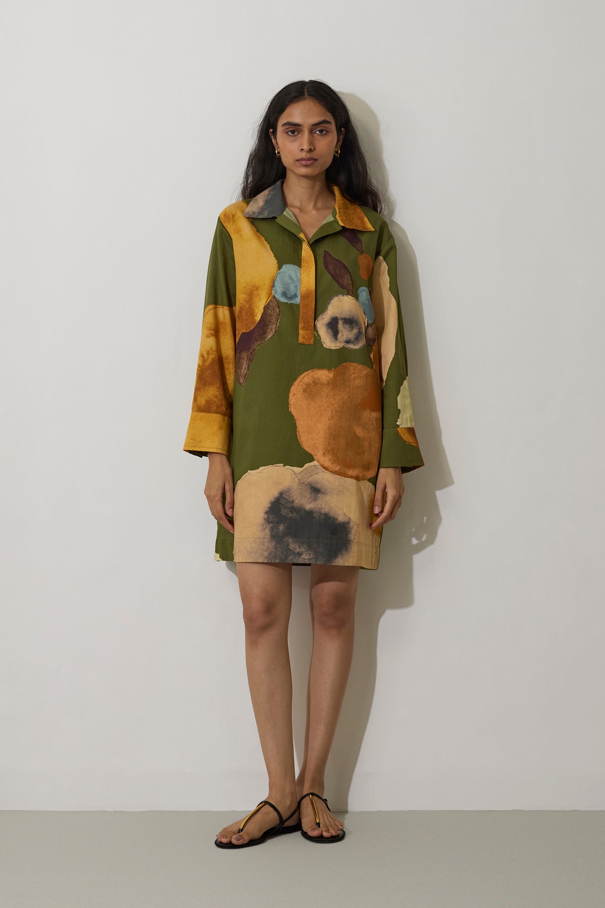 Poppies Relaxed Shirt Dress - Olive