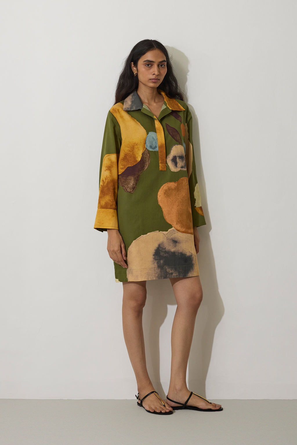 Poppies Relaxed Shirt Dress - Olive