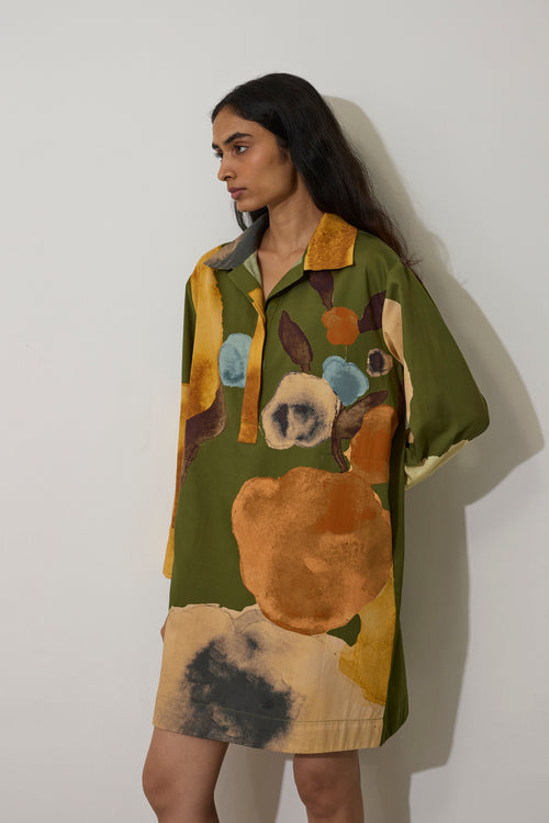 Poppies Relaxed Shirt Dress - Olive