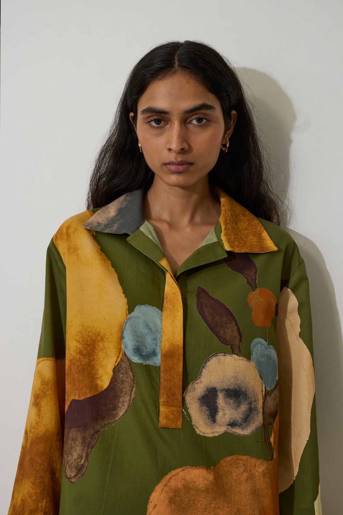Poppies Relaxed Shirt Dress - Olive
