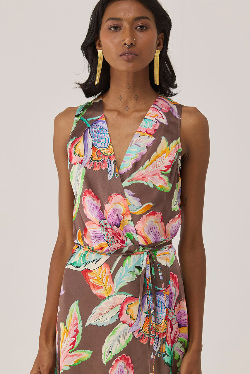 Cocoa Chintz Sleeveless Wrap Dress