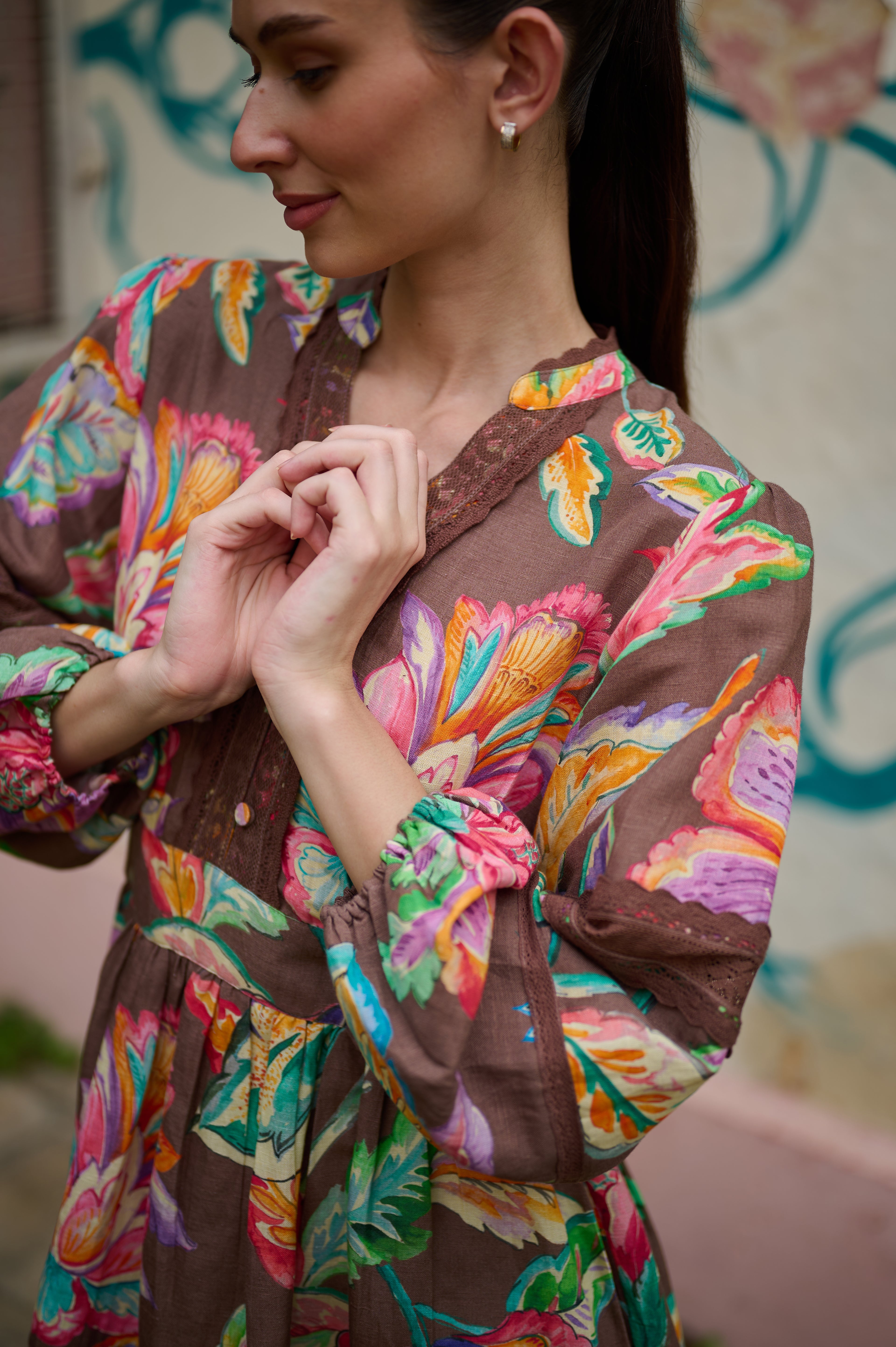 Cocoa Chintz Mini Dress with Lace