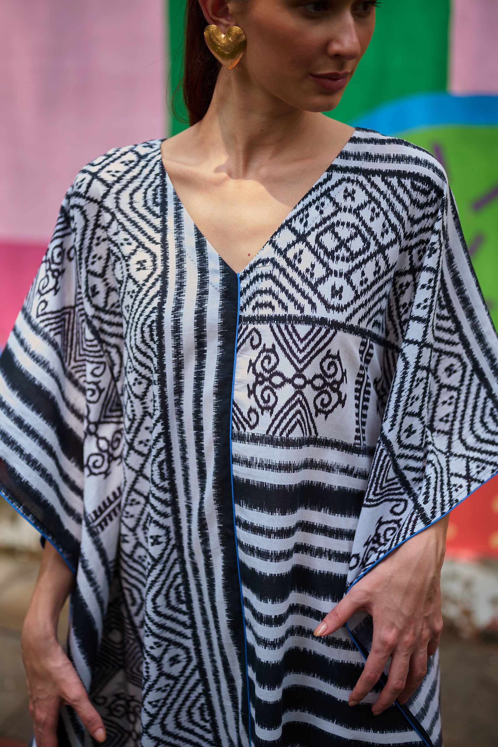 Monochrome Ikat Kaftan Dress
