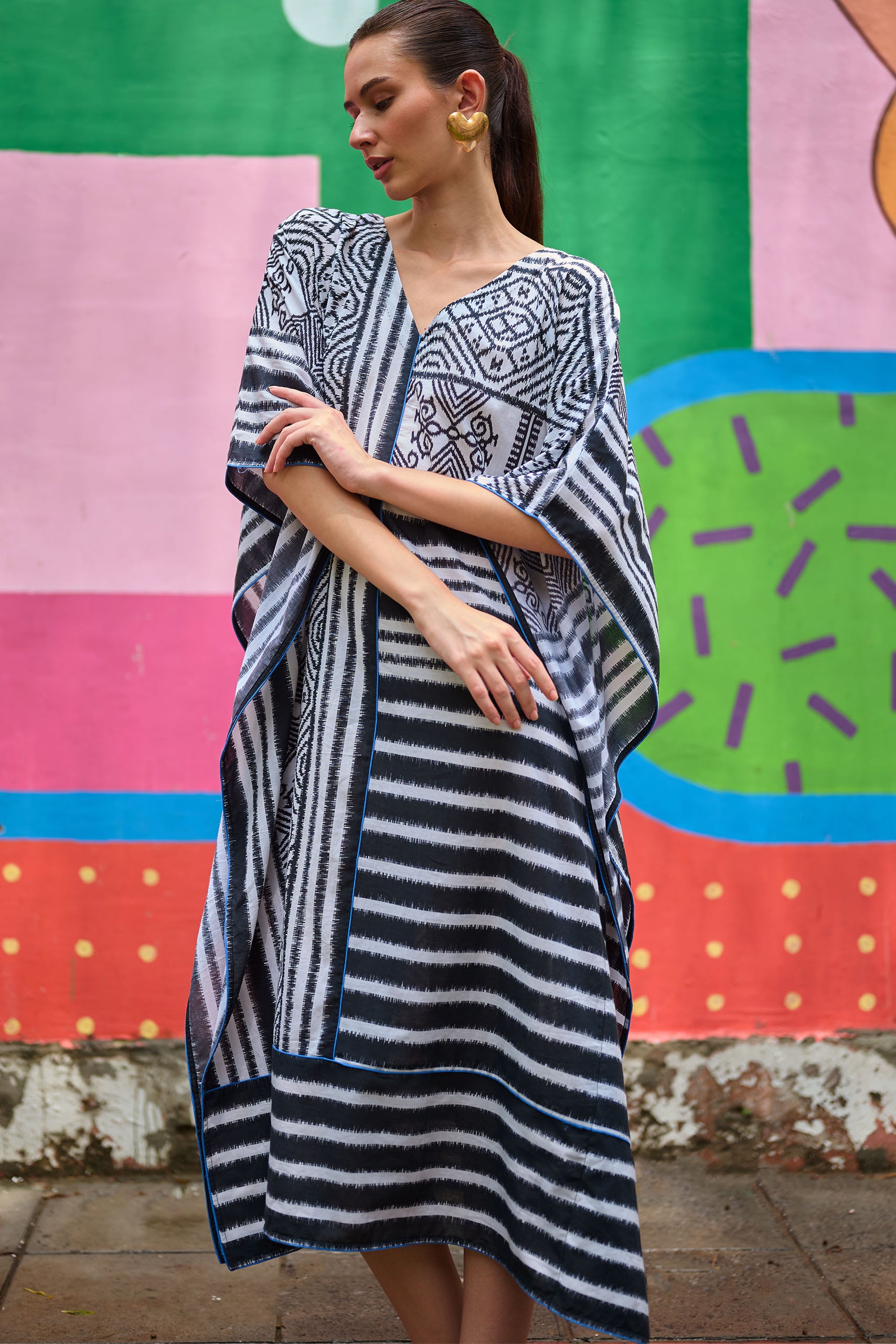 Monochrome Ikat Kaftan Dress