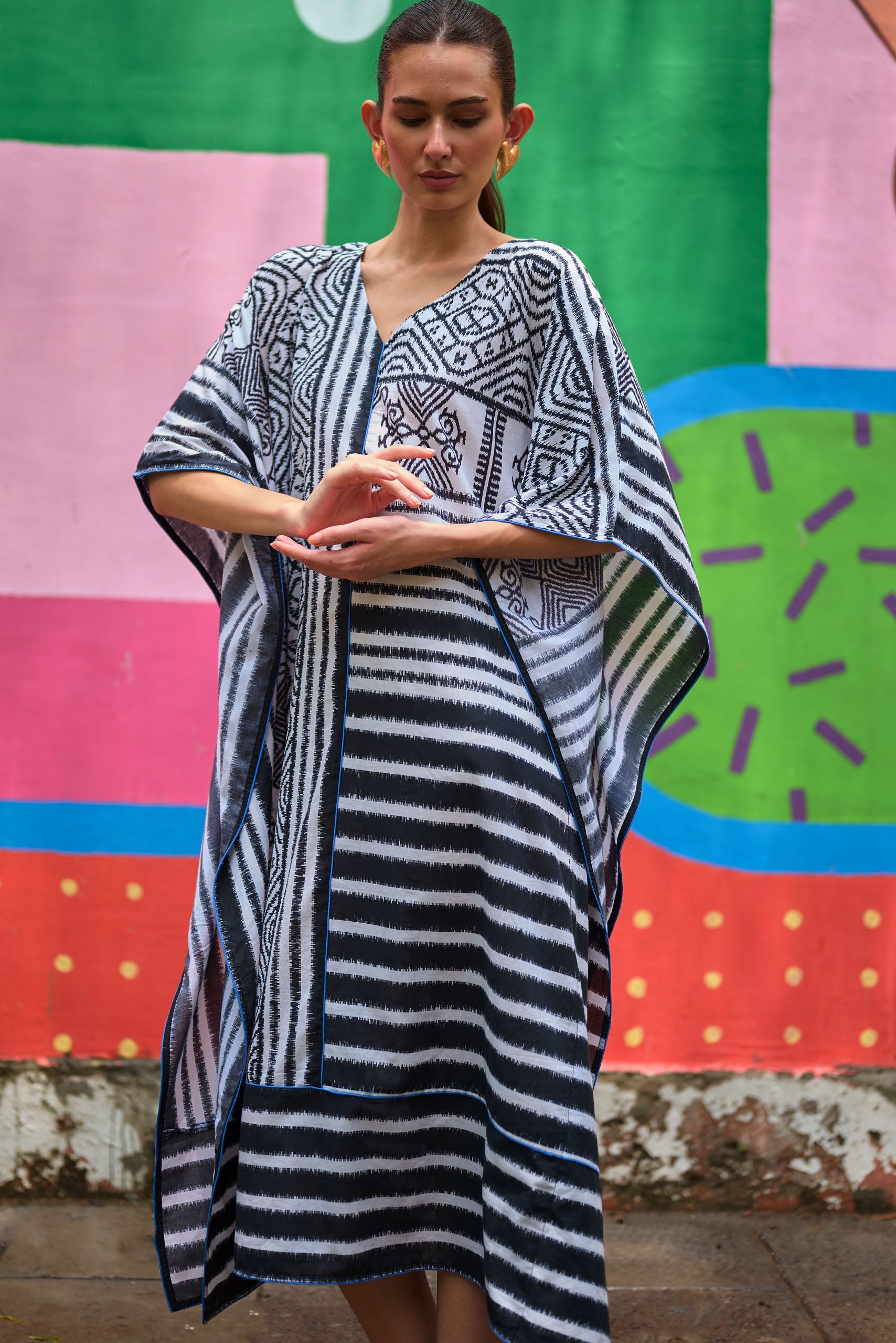 Monochrome Ikat Kaftan Dress