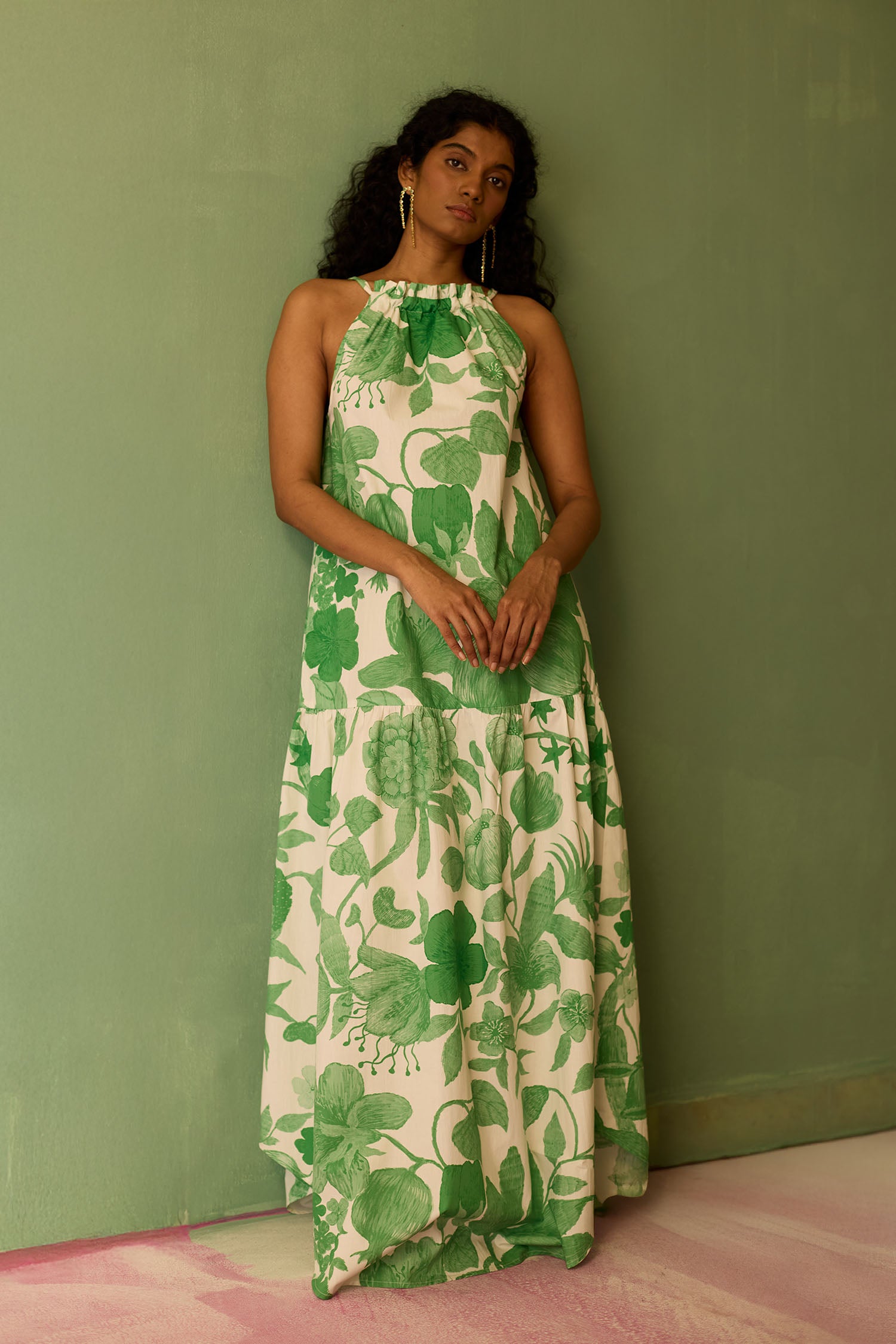Hibiscus Anaar Gathered Sleeveless Maxi Dress - Fern