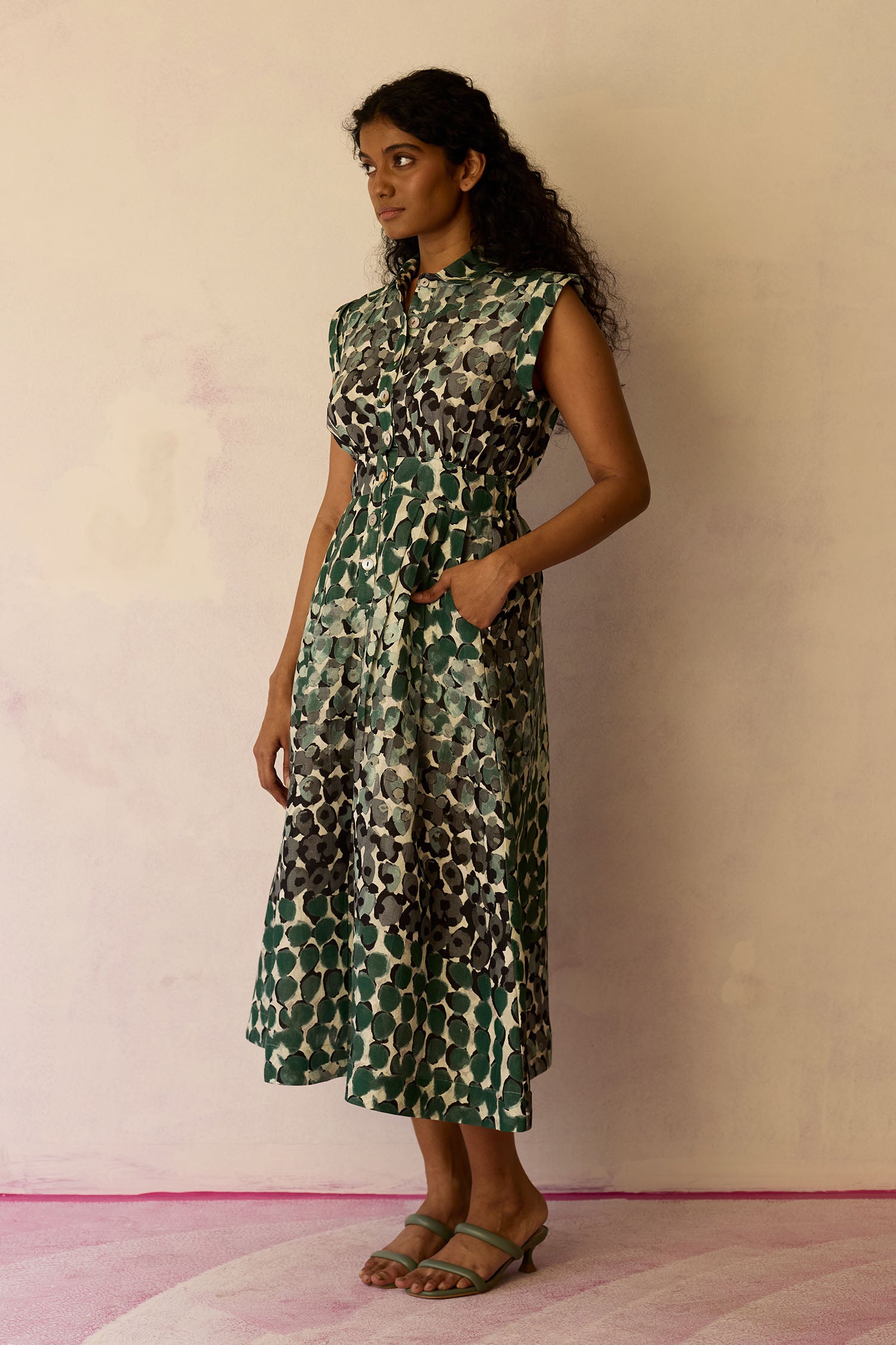 Moss Cap-Sleeved Midi Dress