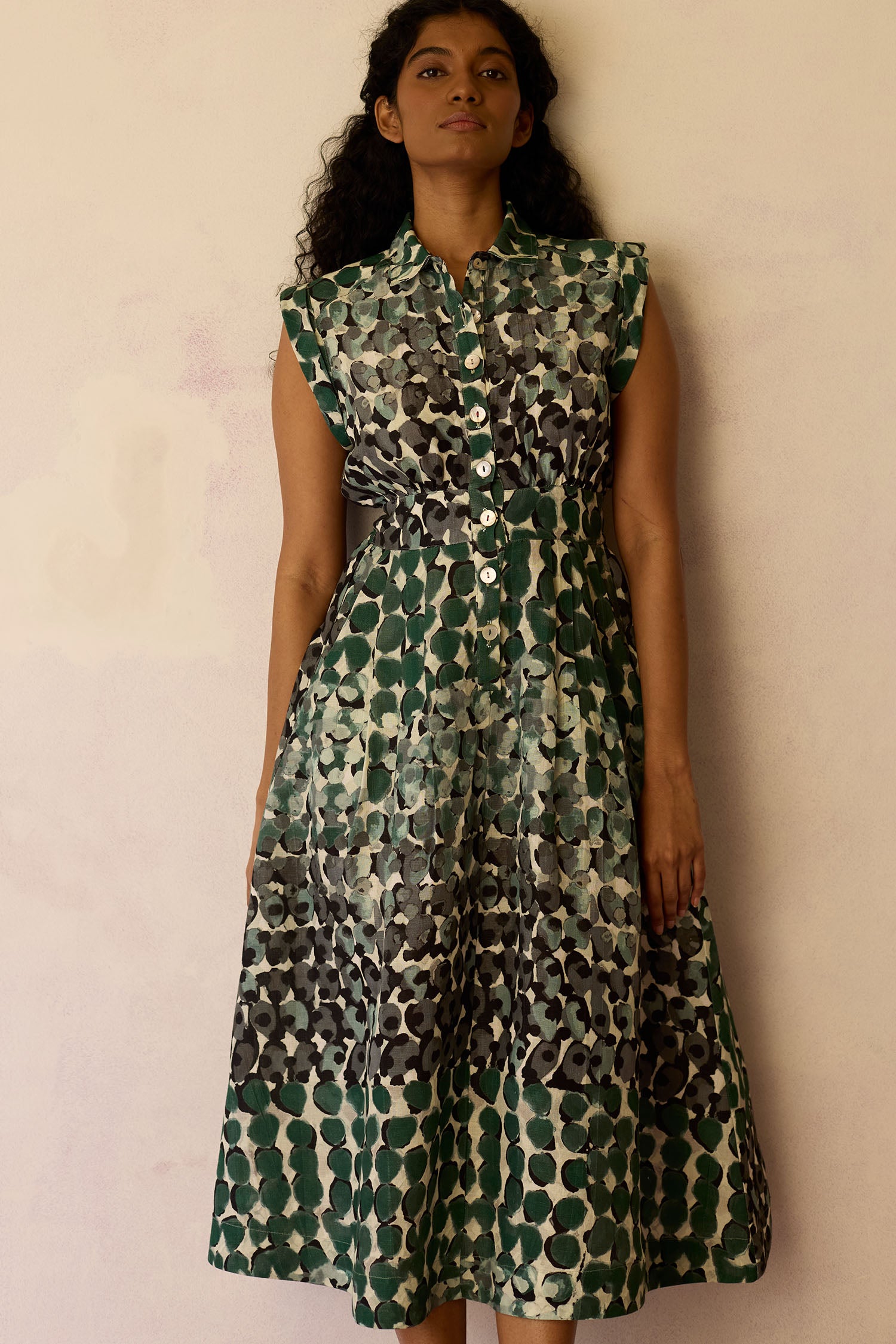 Moss Cap-Sleeved Midi Dress