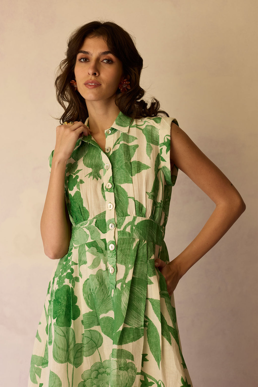 Hibiscus Anaar Sleeveless Shirt Midi Dress - Fern