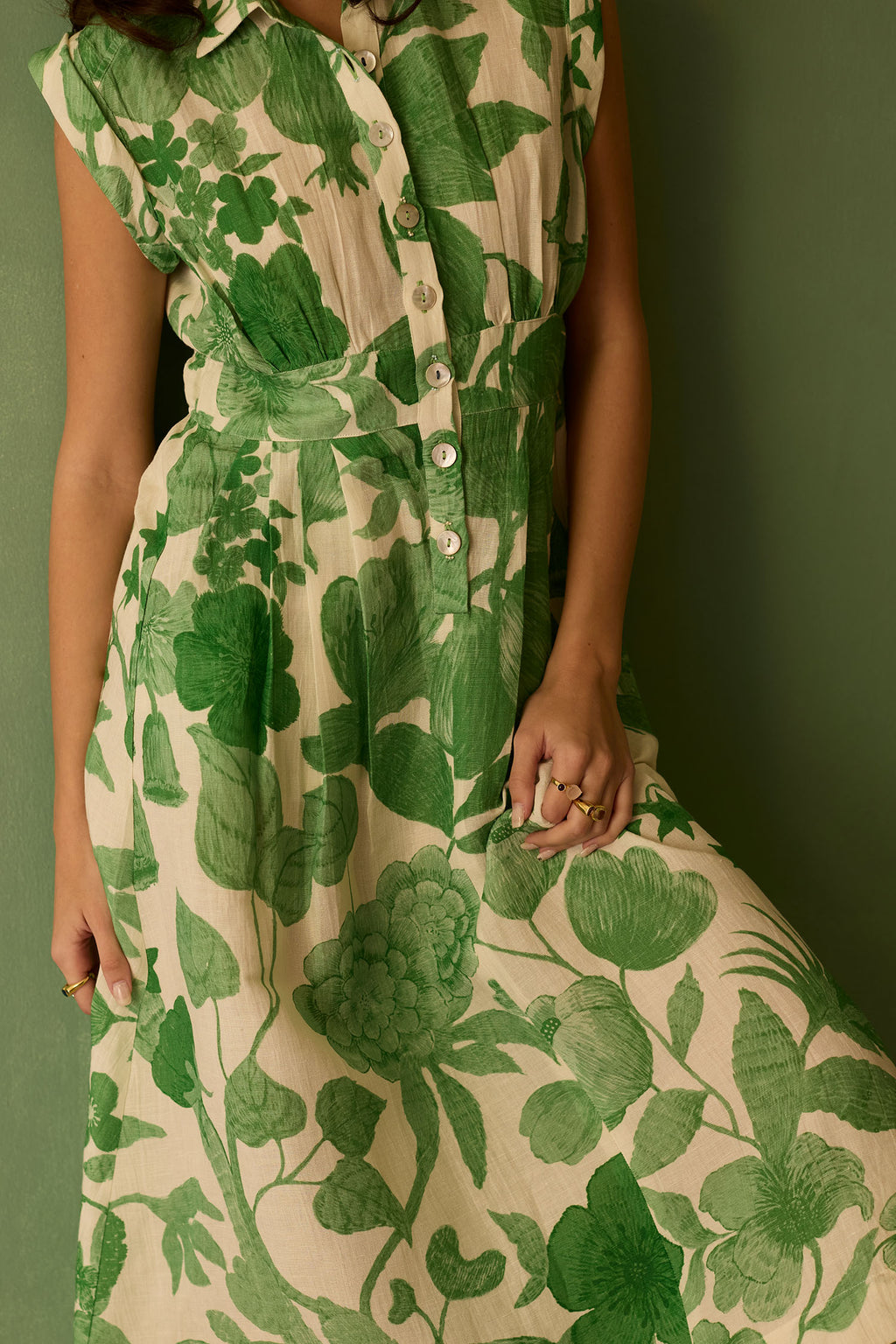 Hibiscus Anaar Sleeveless Shirt Midi Dress - Fern