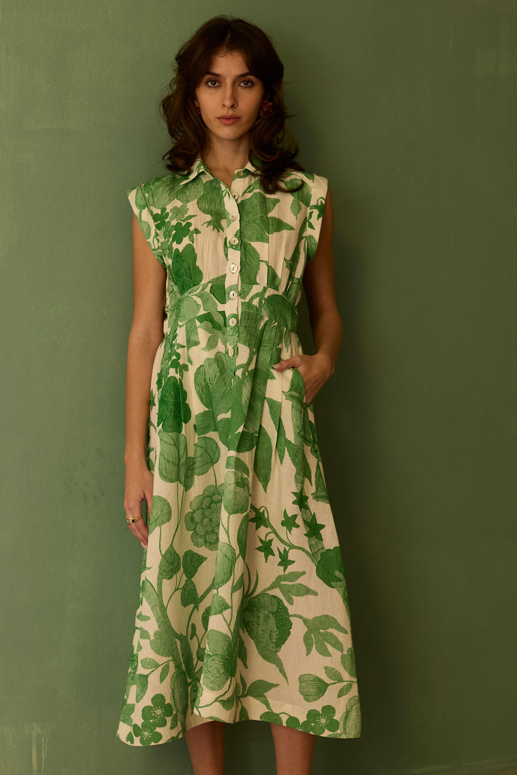 Hibiscus Anaar Sleeveless Shirt Midi Dress - Fern