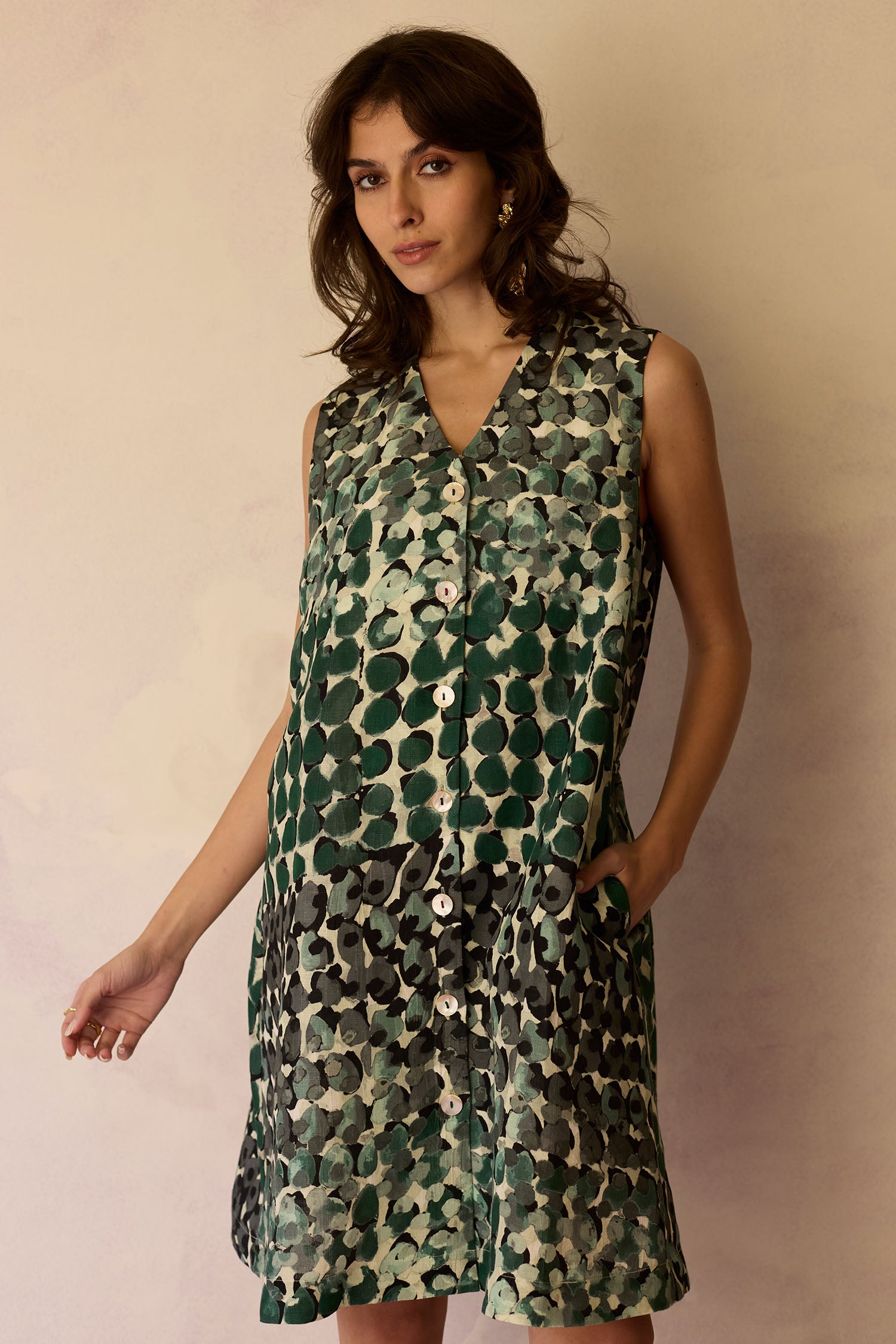 Moss Hand-Painted Sleeveless Shirt Dress
