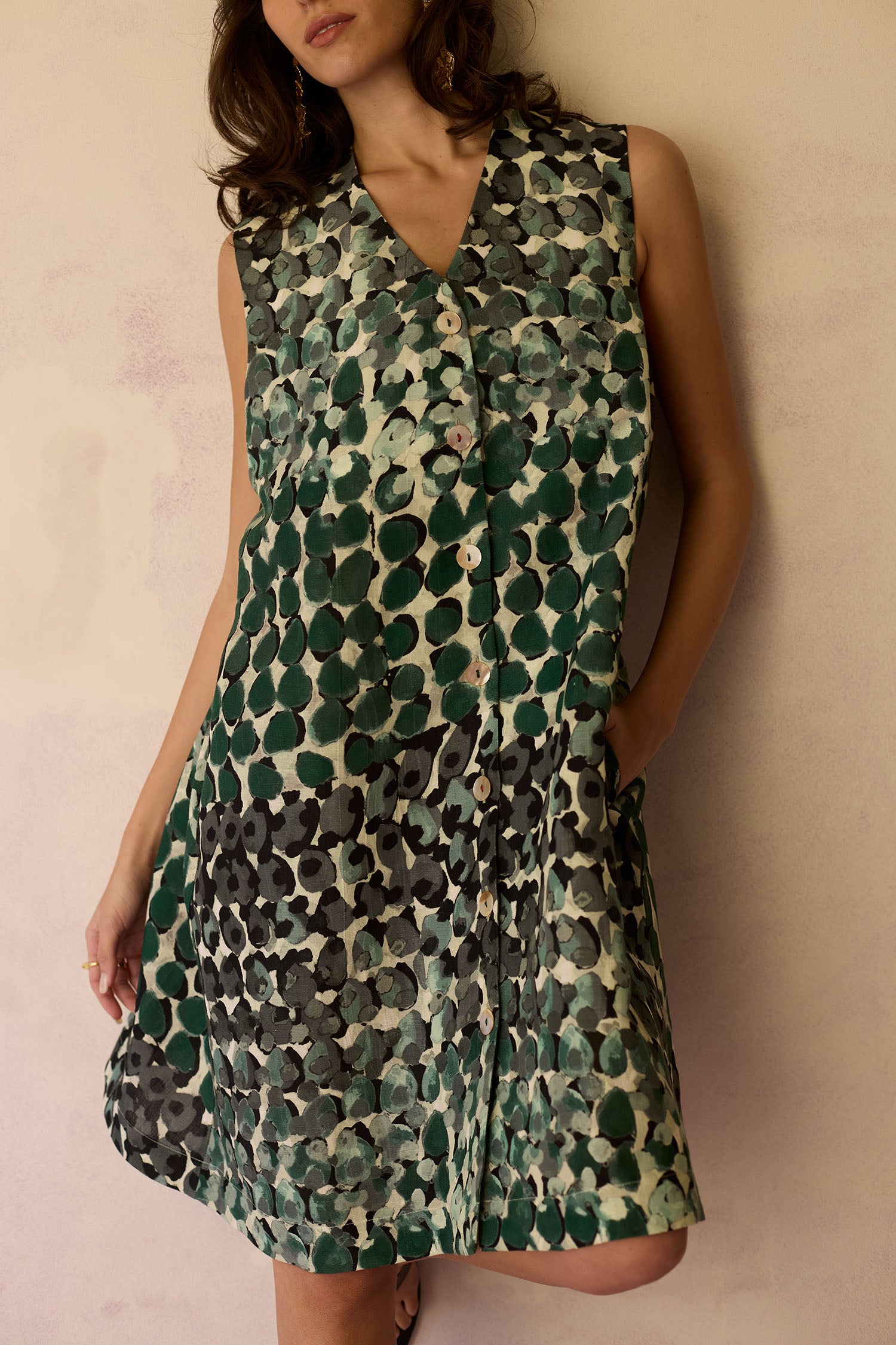 Moss Hand-Painted Sleeveless Shirt Dress
