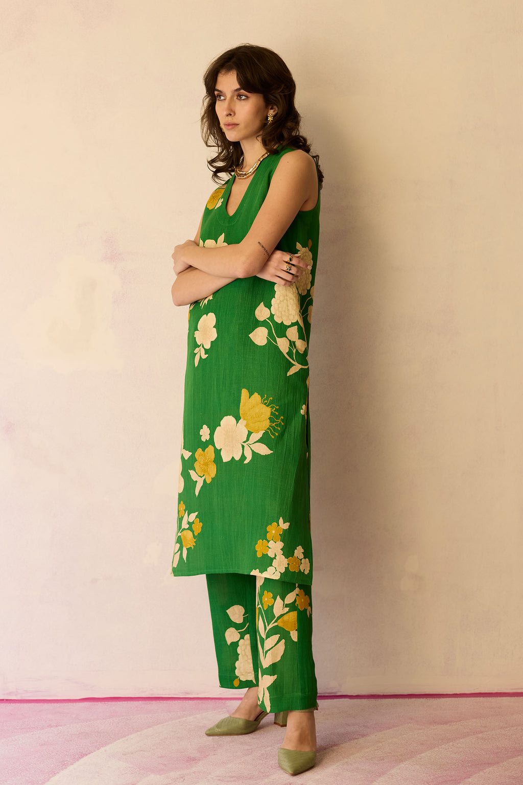 Hibiscus Anaar V-Neck Co-ord Set - Fern