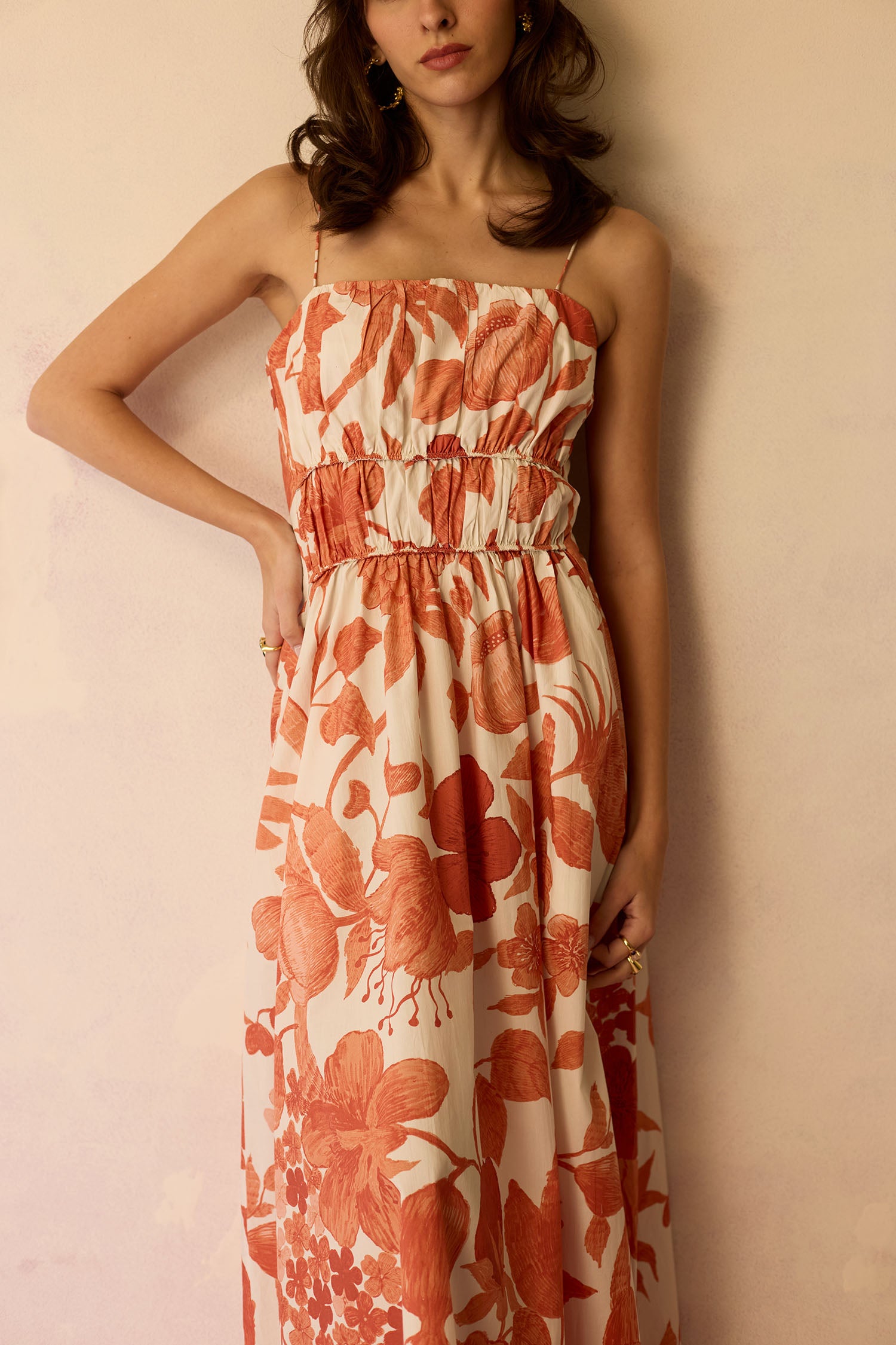 Hibiscus Anaar Smocked Bodice Maxi Dress - Coral