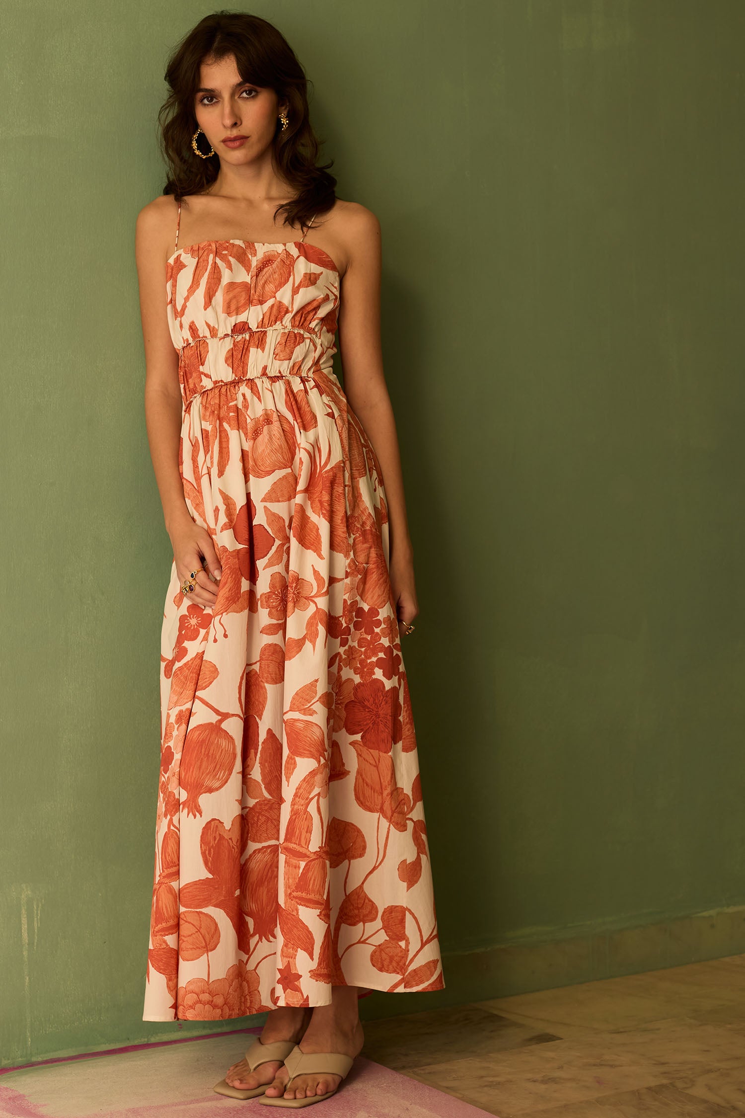 Hibiscus Anaar Smocked Bodice Maxi Dress - Coral